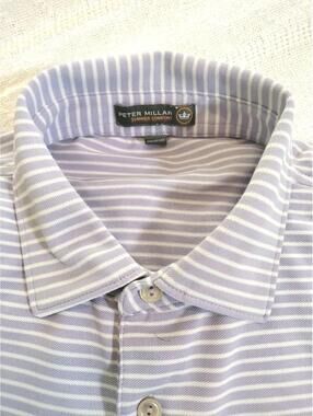 Peter Millar Polo Shirt Summer Comfort Mens L Violet White Striped Golf